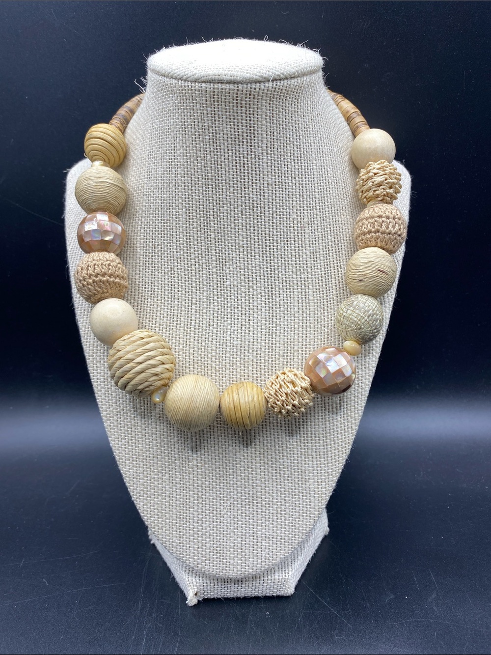 Chunky Natural Fabric Wood Glass Beads Neutrals Necklace